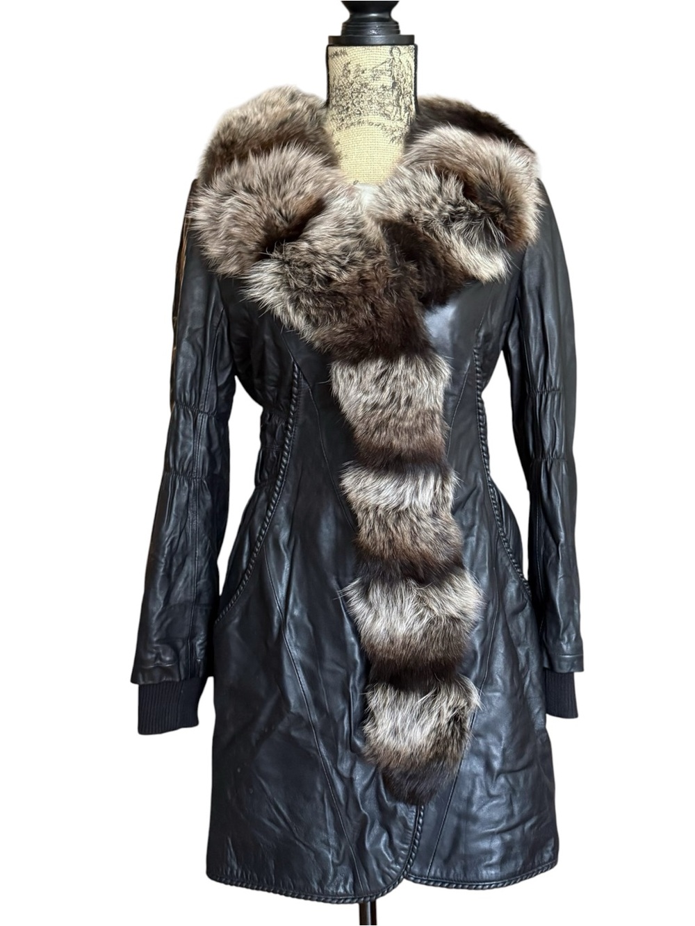 Fur-Trimmed Black Leather Coat Size 38